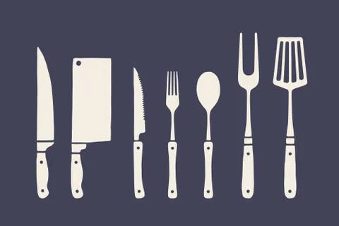 Vintage kitchen set. Set of meat cutting knife, fork, spoon Stockillustratie