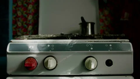 Vintage kitchen stove front view, dark kitchen ambience Stock Footage 236967889