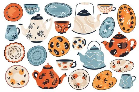 Vintage kitchen tableware set, ceramic or porcelain utensils for cooking food Stock Illustration