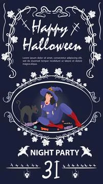 Vintage label invitation for Halloween witch with a cat in a frame Stock Illustration
