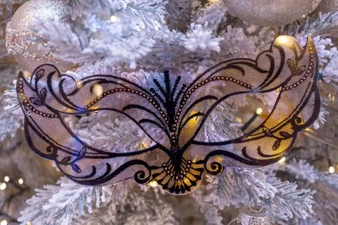 Vintage lace mask with black pattern on Christmas tree covered with silver .. Stock Photos