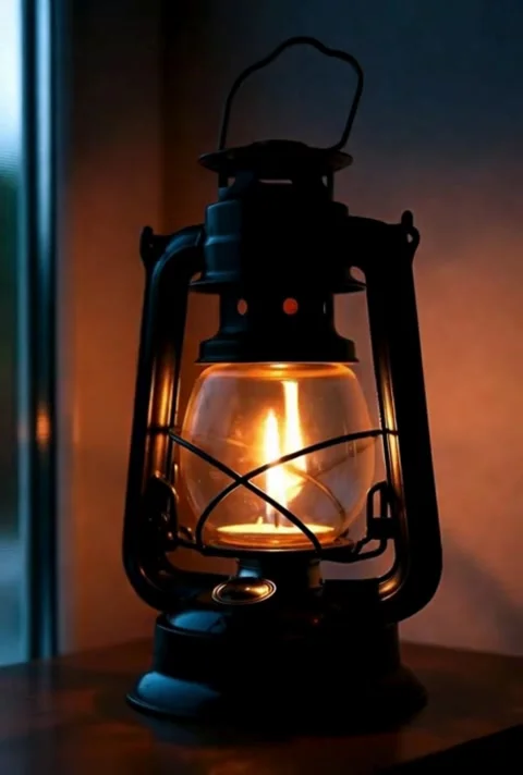 Vintage lantern glowing with soft light casting warm glow antique oil lamp .. Stock Footage 320591286