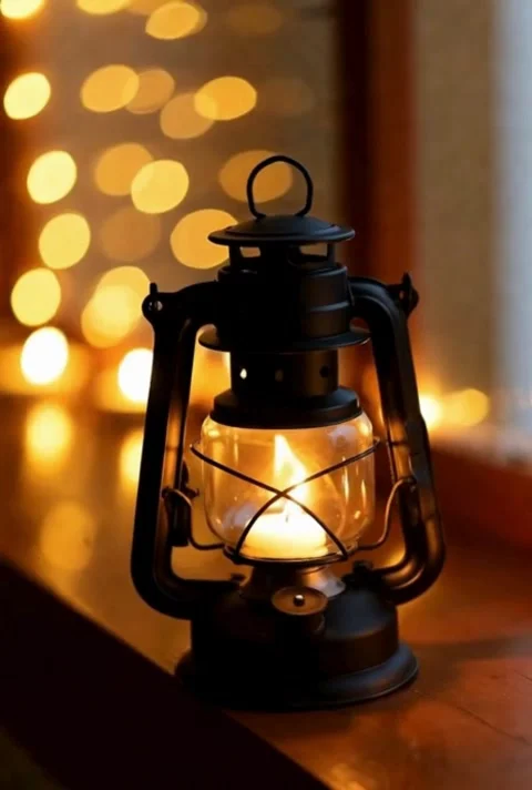 Vintage lantern glowing warmly creates cozy atmosphere against blurred boke.. Stock Footage 320591285