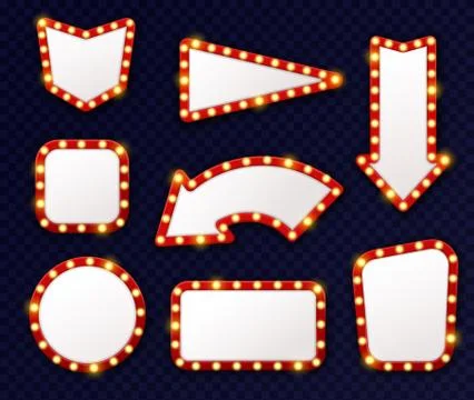 Vintage light arrows pointers. Shining retro design signs with bulbs around Illustrazione stock