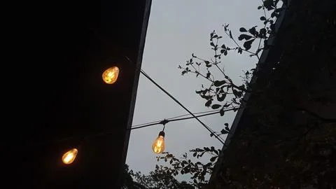 Vintage light bulbs on string wire against sunset sky Stock Photos