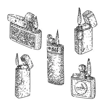 Vintage lighters set showing different designs igniting flame Stock Illustration