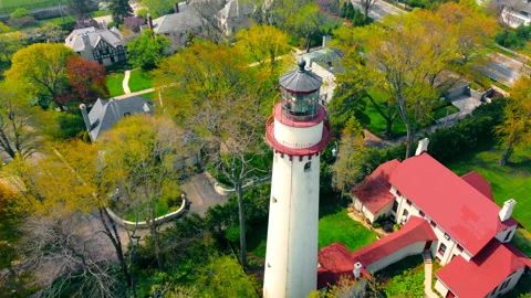 Vintage Lighthouse, Grosse Point Light in Evanston, Illinois Stock-Footage 224547978