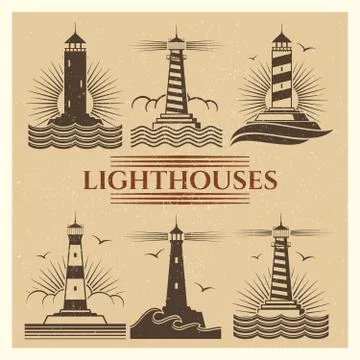Vintage lighthouses logos vector set Illustrazione stock