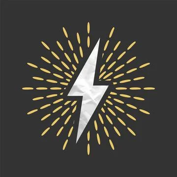 Vintage lightning bolt and sunrays. Lightnings with crumpled paper texture and Stock Illustration