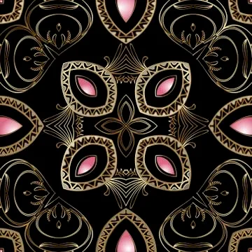 Vintage line art 3d vector seamless pattern. Floral ornamental elegance backg Illustrazione stock