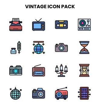 Vintage Lineal Color Set Icons Pack Stock Illustration
