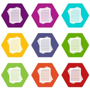 Vintage lined papers icon set color hexahedron Stock Illustration