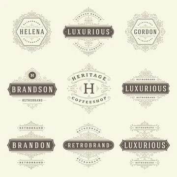 Vintage logos templates set, vector flourishes calligraphic elegant ornamen.. Illustrazione stock