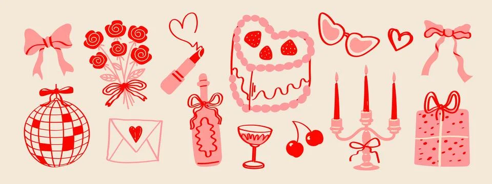 Vintage love elements set. Retro Valentines Day doodle illustrations with e.. イラスト素材