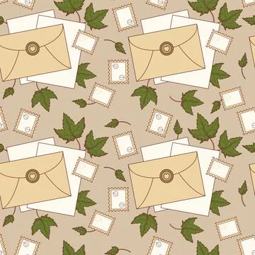 Vintage Mail Seamless Pattern. Craft Envelopes with Wax Seal, Postage Stamp.. Stock Illustration