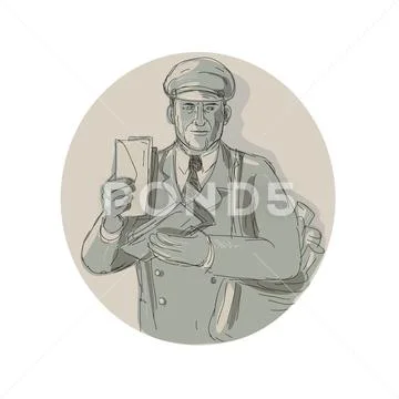 Vintage Mailman Delivering Letters Watercolor. Stock Illustration