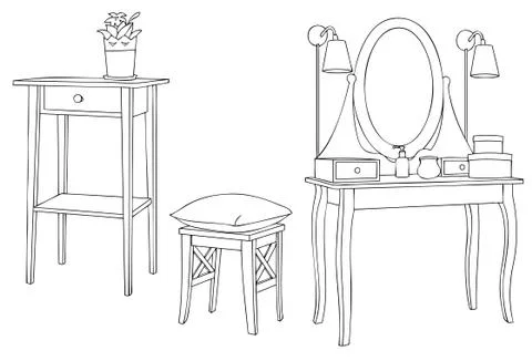 Vintage Make Up Table vector line art Stock Illustration