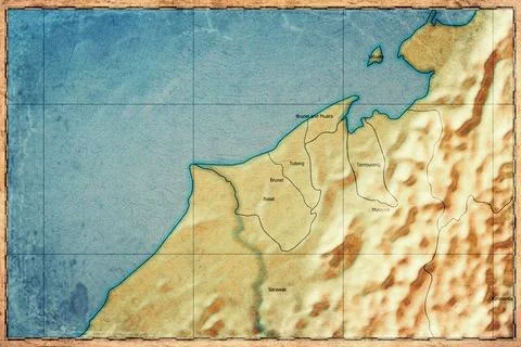 Vintage Map Of Brunei With District Boundaries On Retro Paper Background Stock Illustration