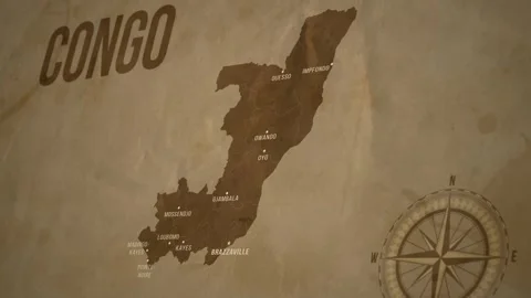 Vintage Map of CONGO with states Borders and Major Cities Stock Footage 326441268