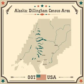 Vintage map of Dillingham Census Area in Alaska, USA. Stock Illustration