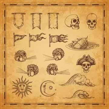 Vintage map elements. Sun, moon, wind and tsunami Stock Illustration