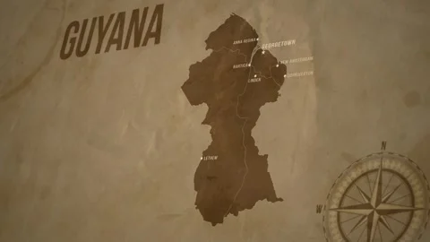 Vintage Map of GUYANA with states Borders and Major Cities Stock Footage 326443531