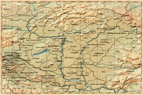 Vintage Map Of Hungary With County Boundaries On Retro Paper Background Stock Illustration