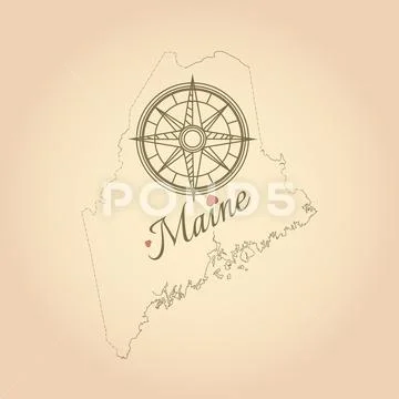 Vintage map of Maine, United states with compass Stock Illustration