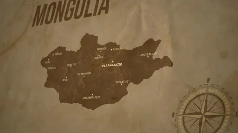 Vintage Map of MONGOLIA with states Borders and Major Cities Stock Footage 326446266