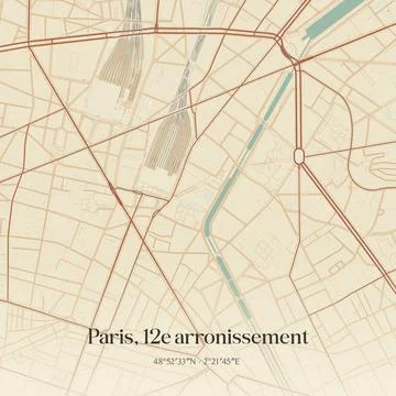 Vintage map of Paris, 12e arronissement, France. Illustrazione stock