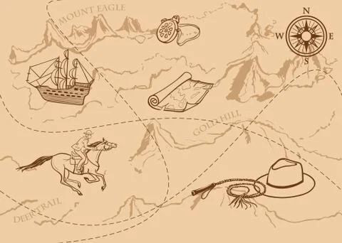 Vintage map seamless pattern. Treasure, rider, mountains hand drawn vector Stock Illustration