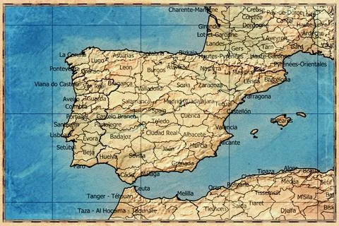 Vintage Map Of Spain With Autonomous Communities On Retro Paper Background 库存插图