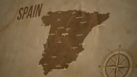 Vintage Map of SPAIN with states Borders and Major Cities Stock Footage 326447024
