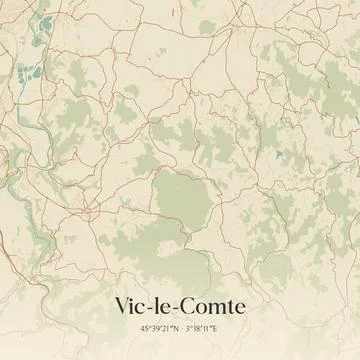 Vintage map of Vic-le-Comte, France. Stock Illustration