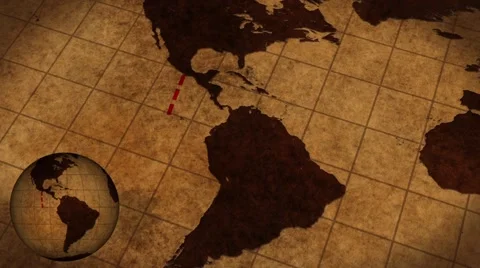 Vintage Map Of The World with animated route and rotating Globe Stock Footage 41530357