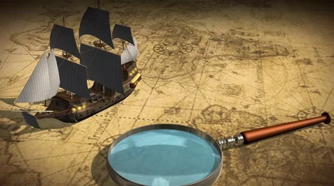 Vintage Map Of The World with old sailing ship and magnifying glass Stock Footage 41397072