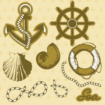 Vintage marine elements set. Includes anchor, rope, wheel, and shells. Stock-Illustration
