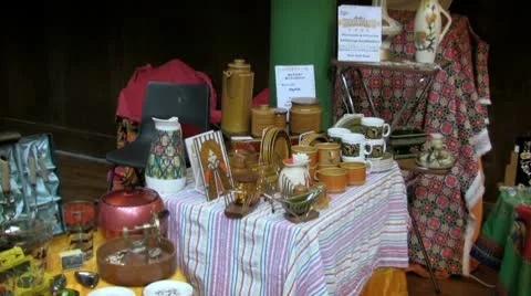 Vintage market stall with tableware Stock Footage 10792325