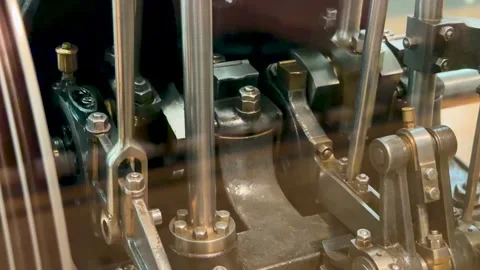 Vintage Mechanical Steam Engine Model with Moving Pistons and Rods Stock Footage 336944351