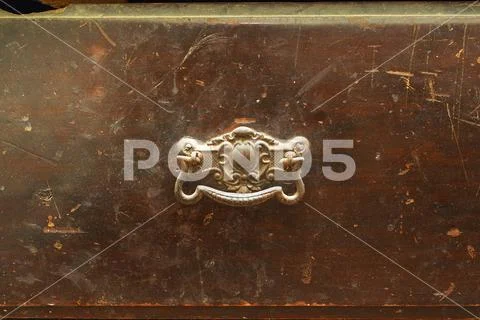 Vintage Metal Handle on Wooden Old Scratched Drawer, Closeup Stock Photos