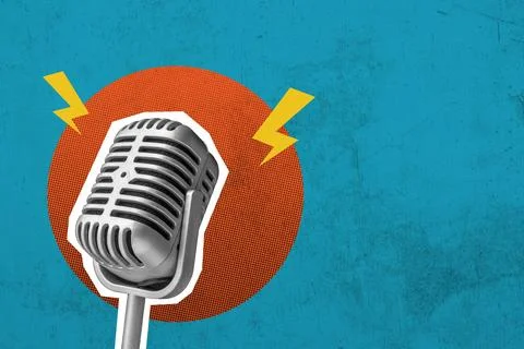 Vintage microphone on a colored background. Collage art Stock Photos