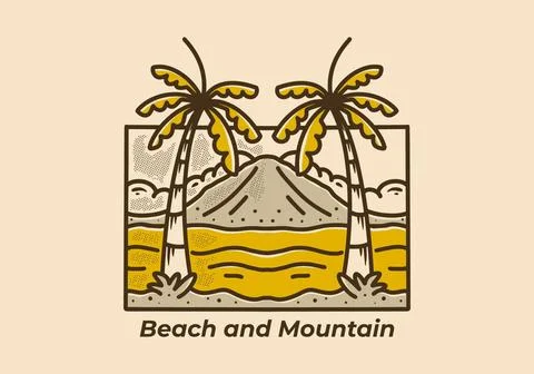 Vintage mono line of beach view in rectangle shape Stock Illustration