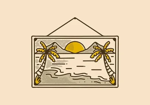 Vintage monoline of beach view in rectangle shape イラスト素材