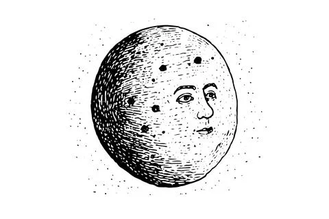 Vintage Moon Face Vector: Engraved Celestial Sketch of the Mystic Night. Stock Illustration
