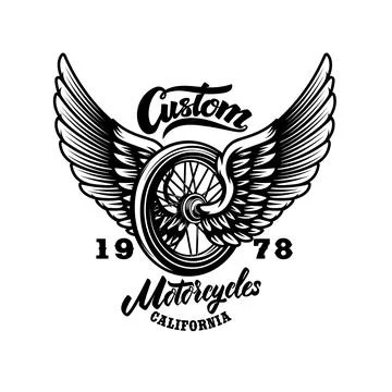 A vintage motorcycle emblem featuring a central spoked wheel with large spr.. Stock Illustration
