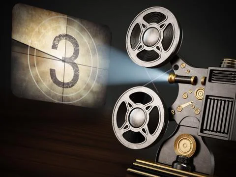 Vintage movie projector projects countdown screen. 3D illustration Illustrazione stock