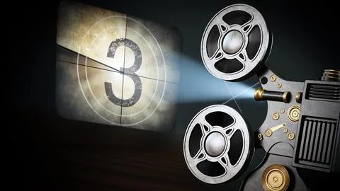 Vintage movie projector projects countdown screen. 3D illustration Illustrazione stock