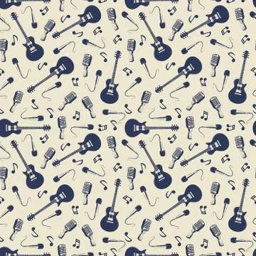 Vintage musical seamless pattern with guitars, microphones Illustrazione stock