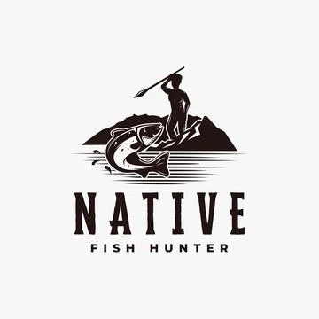 Vintage native hunter logo with a man aiming fish illustration vector Stock Illustration