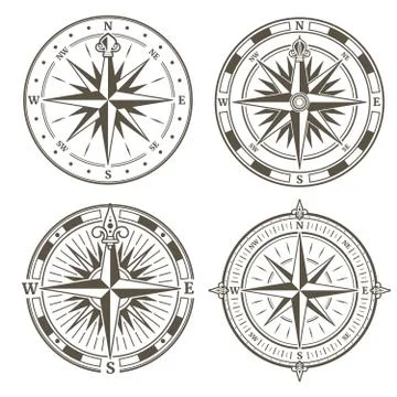 Vintage nautical compass signs vector set, retro direction symbols Stock Illustration